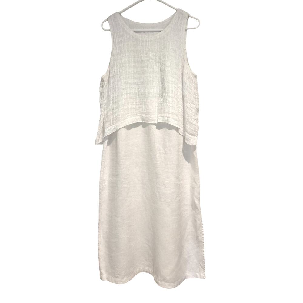 Pure Jill Linen Maxi Dress White Cotton Gauze Layered Shift L Lagenlook - Picture 2 of 8